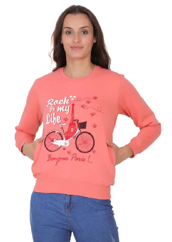 Hiflyers Women Coral Regular Fit Printed Round Neck Sweatshirt Hoodie with Rolled Sleeves Casual Relaxed Hiflyers Women Coral Regular Fit Printed Round Neck Sweatshirt Hoodie with Rolled Sleeves Casual Relaxed