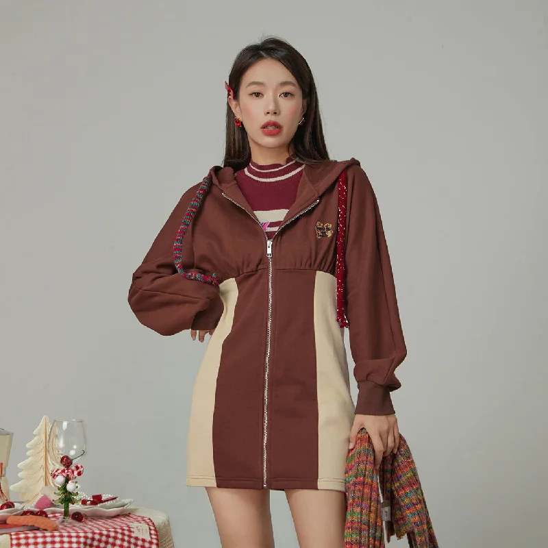 In Havana Color Matching Zip-Up Hooded Dress Tunics Evening elegant