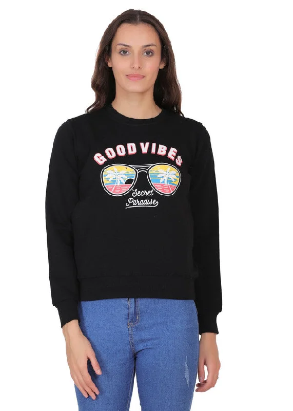 Hiflyers Women Black Regular Fit Printed Round Neck Sweatshirt Hoodie with Set-In Sleeves Structured Classic Hiflyers Women Black Regular Fit Printed Round Neck Sweatshirt Hoodie with Set-In Sleeves Structured Classic