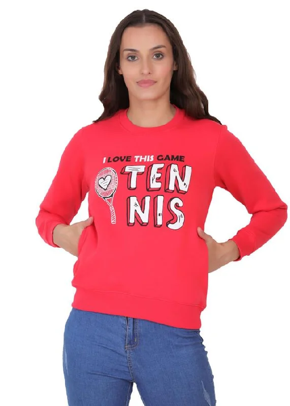 Hiflyers Women Red Regular Fit Printed Round Neck Sweatshirt Hoodie with Elastic Cuffs Stretchable Comfortable