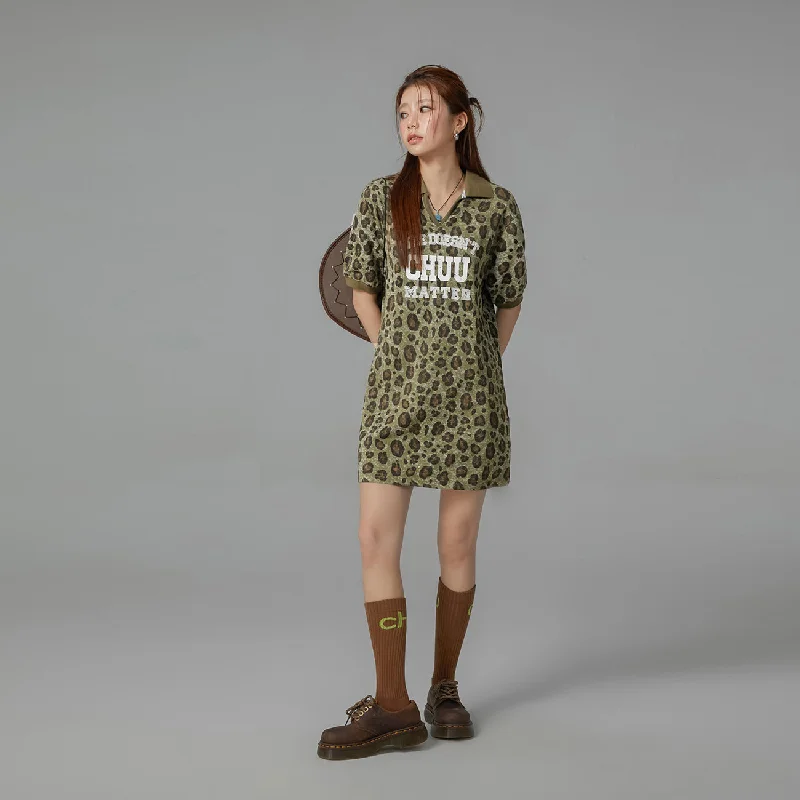 Leopard Chuu Matter Open Collar Dress Tunics Stylish elegant