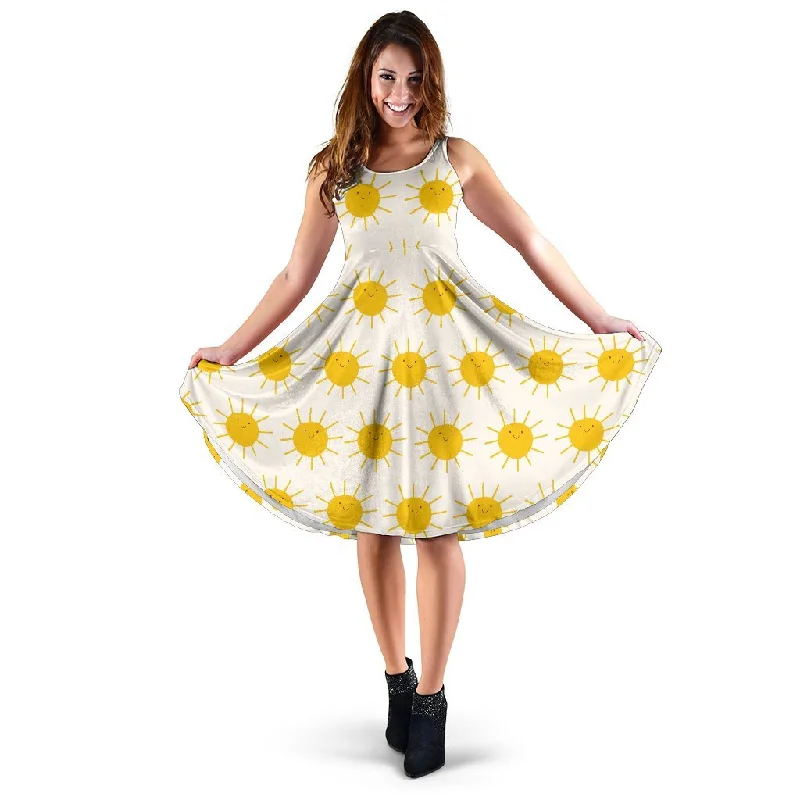 Pattern Print Sun Dress Crew Neckline Sporty