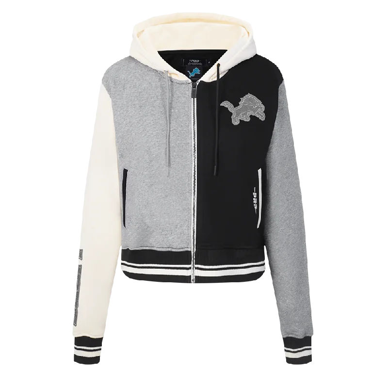 NFL DETROIT LIONS REVERSE FRENCH TERRY WOMEN'S COLOR BLOCK FLEECE FULL ZIP HOODIE (BLACK/GRAY/EGGSHELL) Hoodie with Side Slits Relaxed Casual