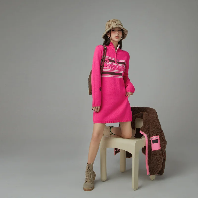 Half Zip-Up Turtleneck Dress Elegant Long Evening