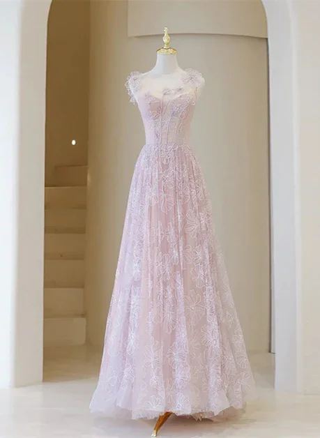 Light Pink Round Neckline Lace Long Prom Dress, A-line Pink Floor Length Party Dress Y4492 Tunics Timeless classic Light Pink Round Neckline Lace Long Prom Dress, A-line Pink Floor Length Party Dress Y4492 Tunics Timeless classic