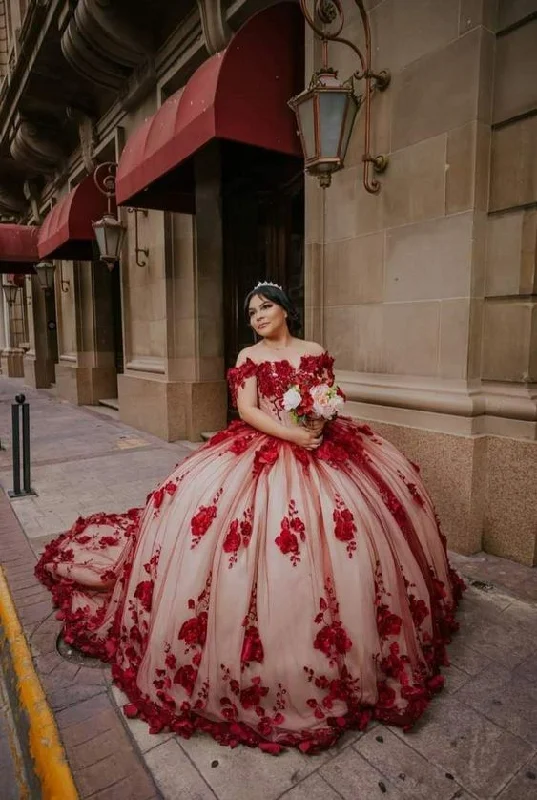 Red Lace Quinceanera Dress Ball Gown Off Shoulder Sweet 16 Party Dress Y6424 Tunics Spring floral Red Lace Quinceanera Dress Ball Gown Off Shoulder Sweet 16 Party Dress Y6424 Tunics Spring floral