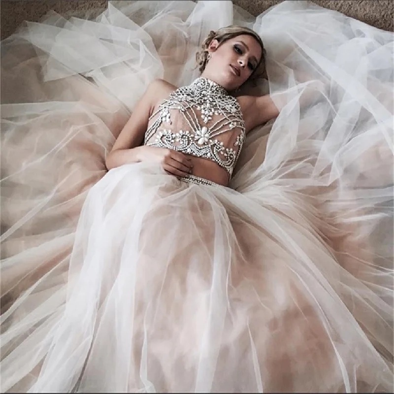 Tulle Two Piece High Neck Popular Custom Prom Dress, Party Dress, PD0320 Tunics Distressed trendy