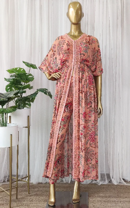 Peach Tropical Printed Georgette Jacket & Pant Co-ord Set Rayon Fabric Velvet Fabric Corduroy Fabric Peach Tropical Printed Georgette Jacket & Pant Co-ord Set Rayon Fabric Velvet Fabric Corduroy Fabric
