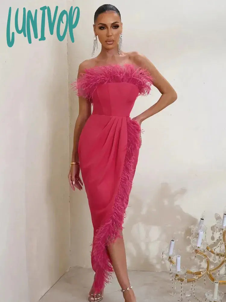 Lunivop Women Summer Sexy Strapless Backless Feather Blue Pink Black Midi Bodycon Bandage Dress Elegant Evening Club Party Dress Boatneck Modish Everyday Lunivop Women Summer Sexy Strapless Backless Feather Blue Pink Black Midi Bodycon Bandage Dress Elegant Evening Club Party Dress Boatneck Modish Everyday