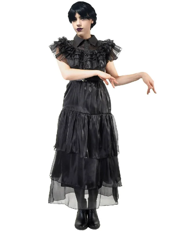 Deluxe Teen Girls Wednesday Black Party Dress Costume Chiffon Maxi Beach