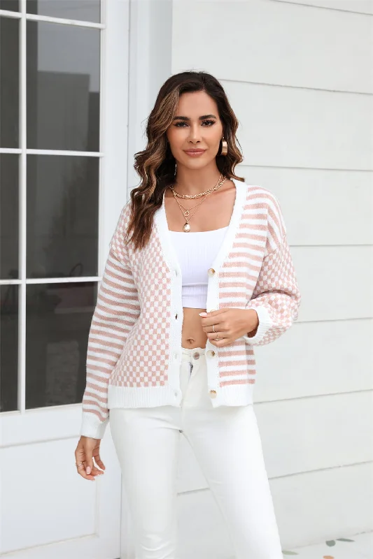Solis Button-Down Stripe & Plaid Contrast Pattern Cardigan Thin Thick Dense