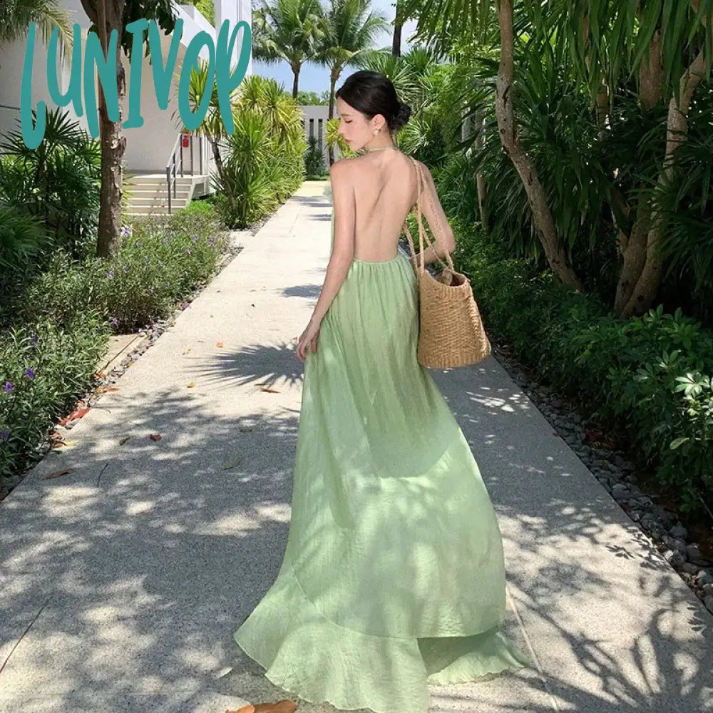Lunivop New Summer Fairy Halter Prom Dress Women's Maxi Ruffles Green Party Dresses Backless Tender Lolita Vacation Long Dress Tunics Wedding white
