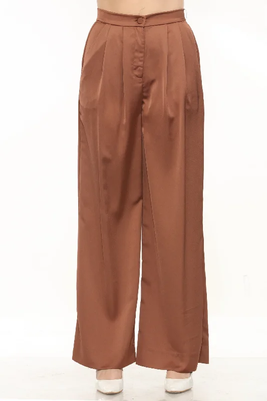 Joseph Ribkoff Chestnut Pleated High Waist Satin Wide Leg Pants 244035 Soft Stretch Pants