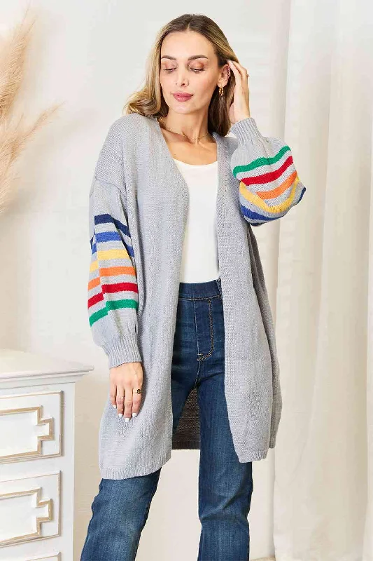 Double Take Multicolored Stripe Open Front Longline Cardigan Chenille Brocade Lace
