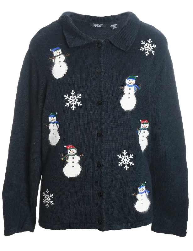 Snowman Christmas Cardigan - L Herringbone Houndstooth Plaid