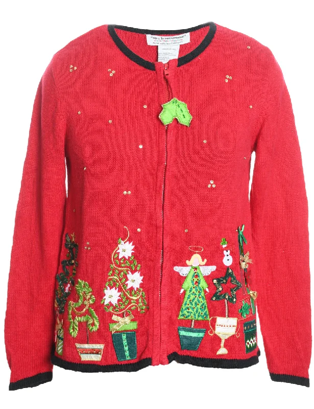 Floral Christmas Cardigan - M Thin Thick Dense