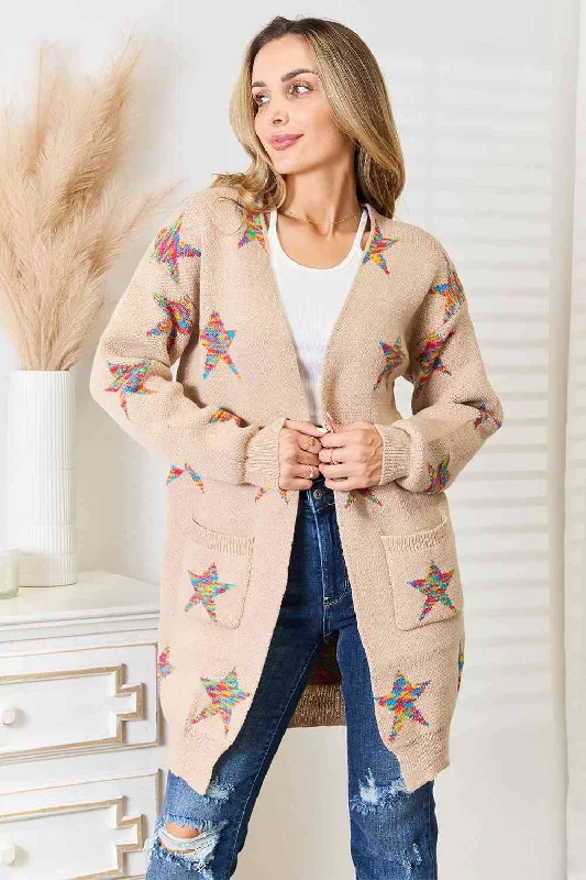 Double Take Star Pattern Open Front Longline Cardigan Stretchy Elastic Breathable