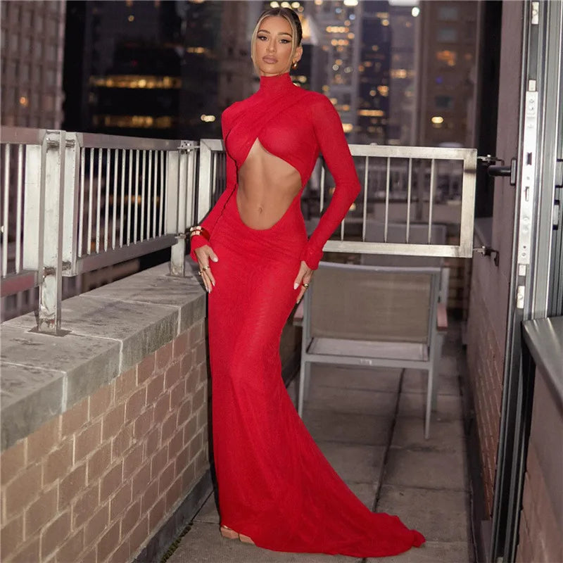 Lunivop Sexy Cut Out Backless Red Party Dress Women Elegant Luxury Turtleneck Long Sleeve Maxi Dresses Evening Gown Tunics Floral girly