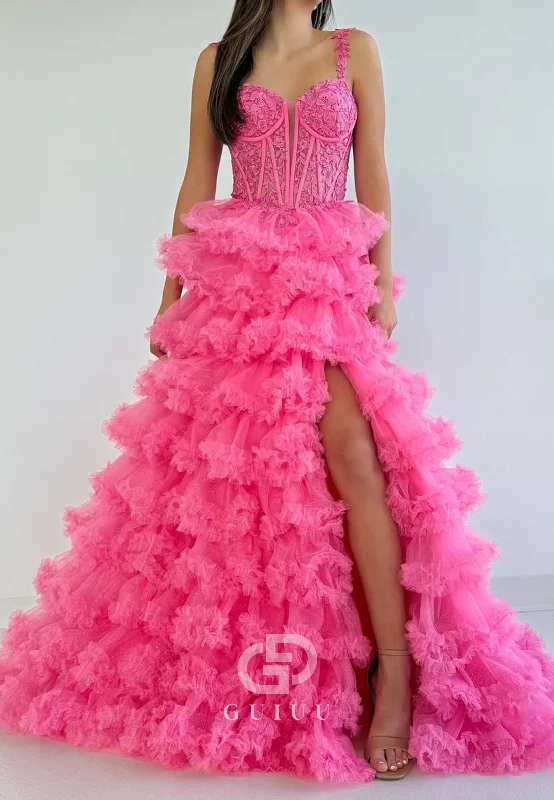 Flamingo A-Line Sweetheart Prom Dress with Slit Ruffles Evening Party Dress Turtleneck Warm Winter