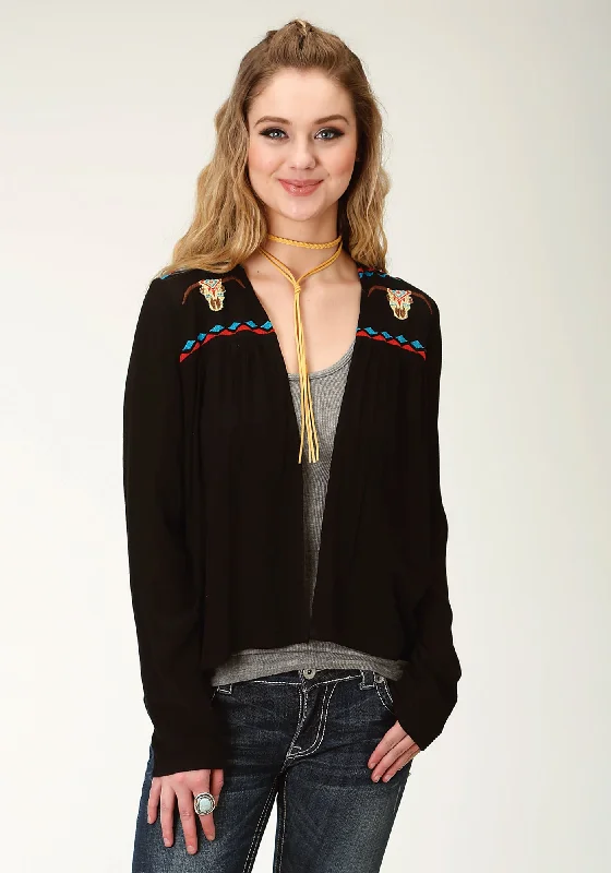 Roper Womens Black Cotton Blend Blended Crepe Cardigan Polka Dot Checkered Tartan