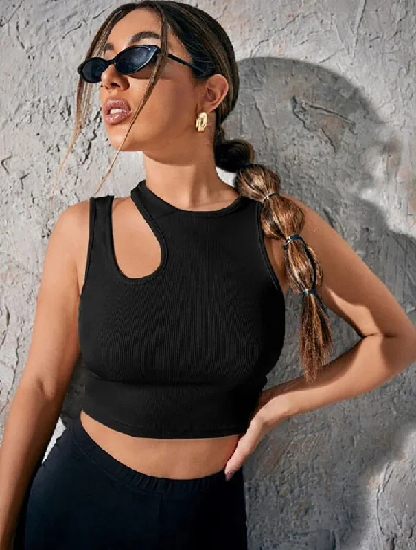 Crew Neck Ribbed Asymmetrical Crop Tank Top sheer tank top