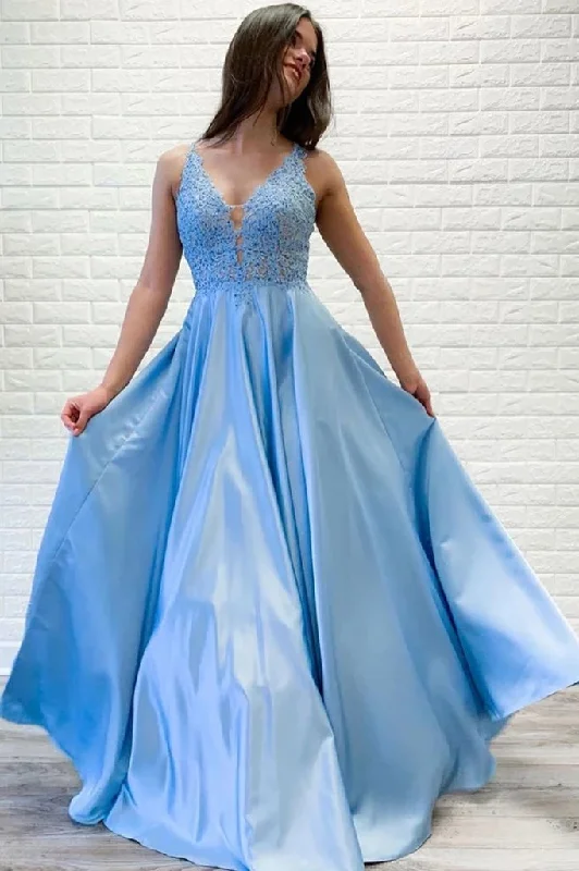 Flowy A-line V Neck Lace Long Prom Dresses Blue Satin Open Back Evening Party Dresses STI15229 Halter Neckline Beach Flowy A-line V Neck Lace Long Prom Dresses Blue Satin Open Back Evening Party Dresses STI15229 Halter Neckline Beach