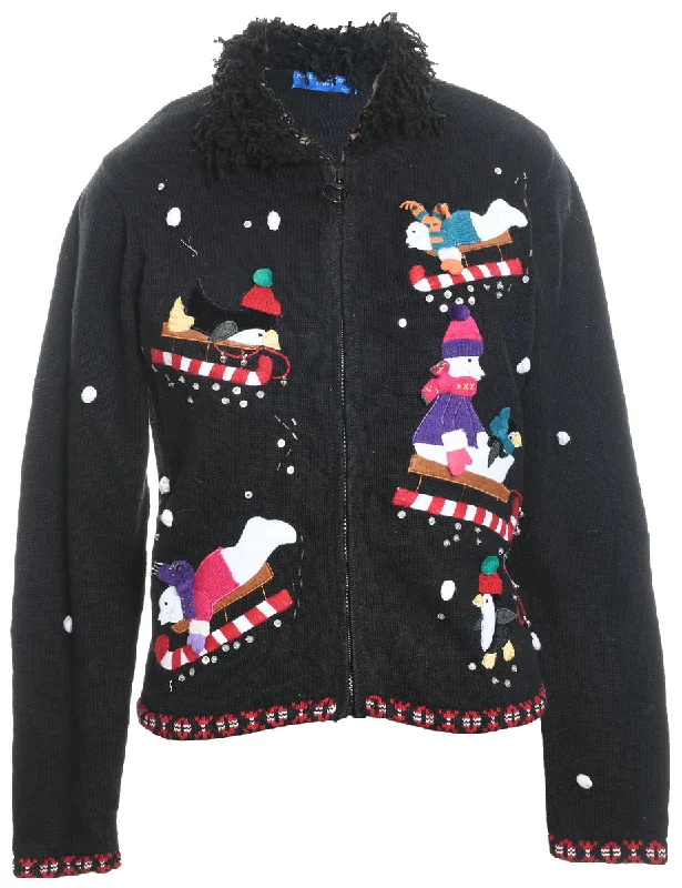 Polar Bear Design Faux Fur Trim Christmas Cardigan - M Boat Neck Shawl Collar Notched Collar