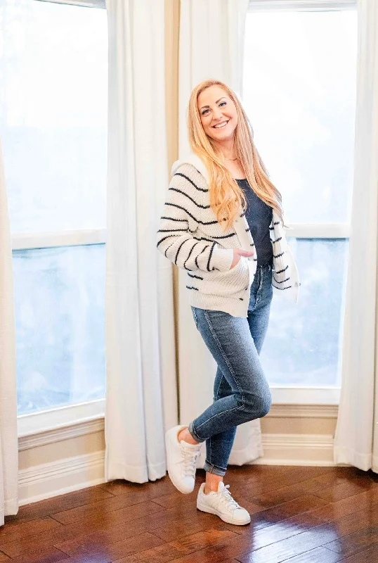Striped Button Up Long Sleeve Hooded Cardigan Lightweight Heavyweight Midweight