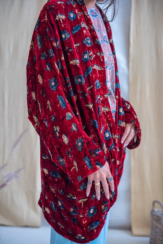 Silk Velvet Kimono Jacket - Red Floral Hoodie Zip-Up Jacket Button-Up Jacket