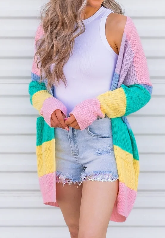 Cotton Candy Striped Color Block Cardigan Anti-Pilling Anti-Shrink Durable