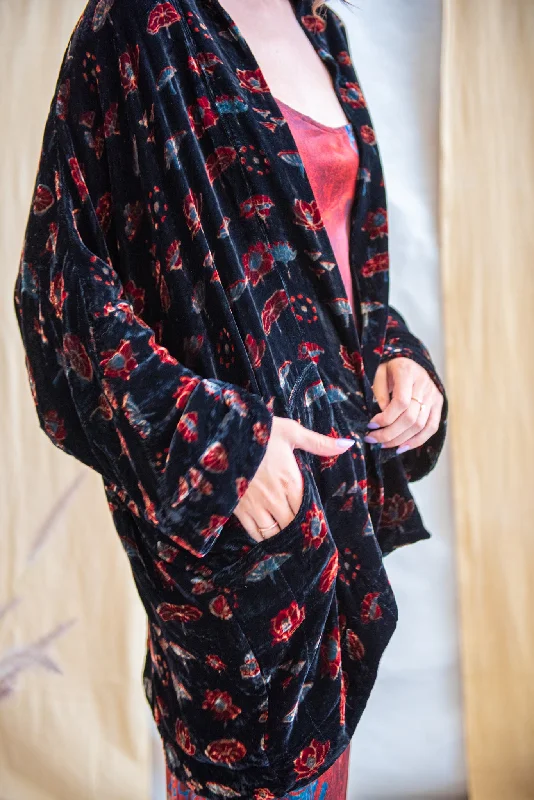 Silk Velvet Kimono Jacket - Black Red Lotus Wool Jacket Cashmere Jacket Tweed Jacket Silk Velvet Kimono Jacket - Black Red Lotus Wool Jacket Cashmere Jacket Tweed Jacket