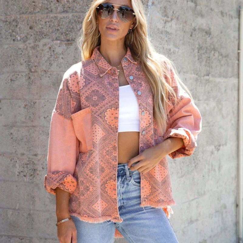 Women Fashion Casual Geometry Totem Printed Loose Vintage Denim Jacket Herringbone Jacket Checkered Jacket Solid Jacket Women Fashion Casual Geometry Totem Printed Loose Vintage Denim Jacket Herringbone Jacket Checkered Jacket Solid Jacket