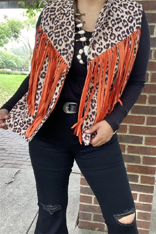 BQ13932 Leopard printed orange long tassel/fringe women vest/cardigan Silk Blend Satin Velvet