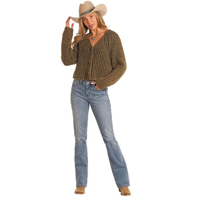 BW95T05283 Rock & Roll Women's Chunky Knit Cardigan Sweater - Forest Green Terry Terry Cloth Terry Knit