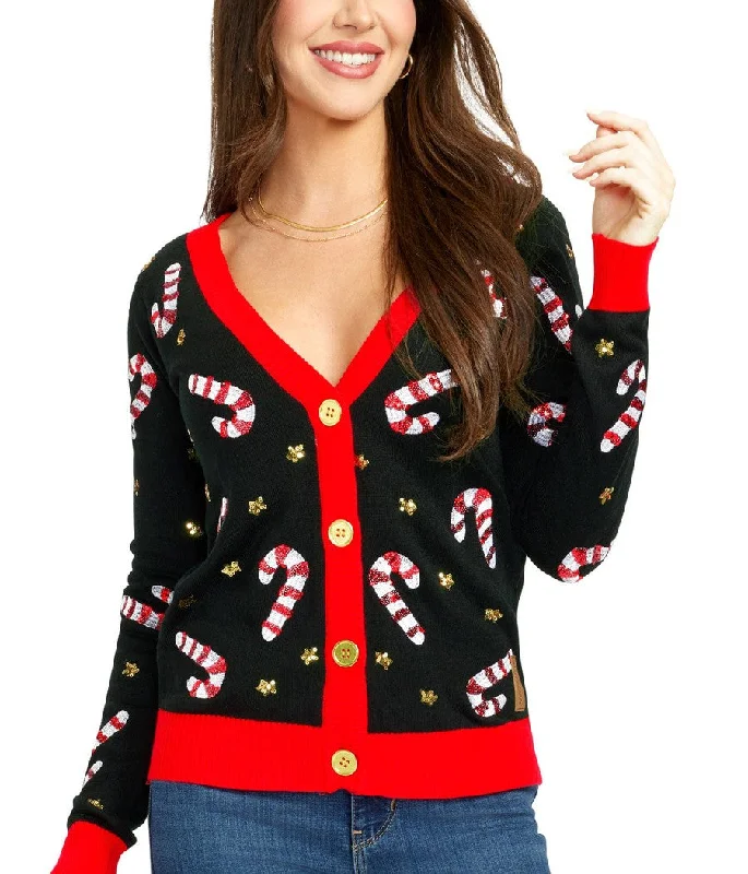 Women's Sequin Candy Cane Cardigan Sweater Notch Collar Peter Pan Collar Cowl Neck