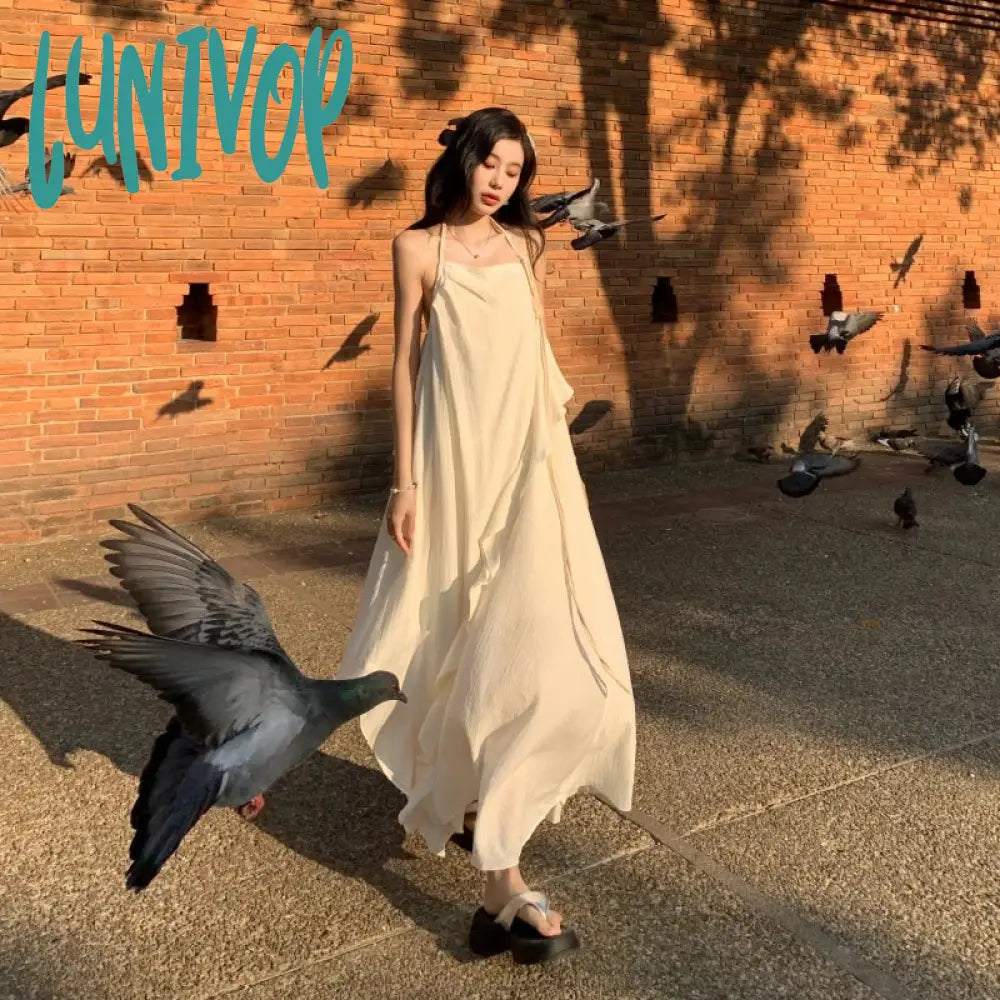 Lunivop New Summer Fairy Halter Designer Dress Women Beige Long Lolita Birthday Party Dresses Vacation Female Backless Dresses Tunics Ceremony elegant