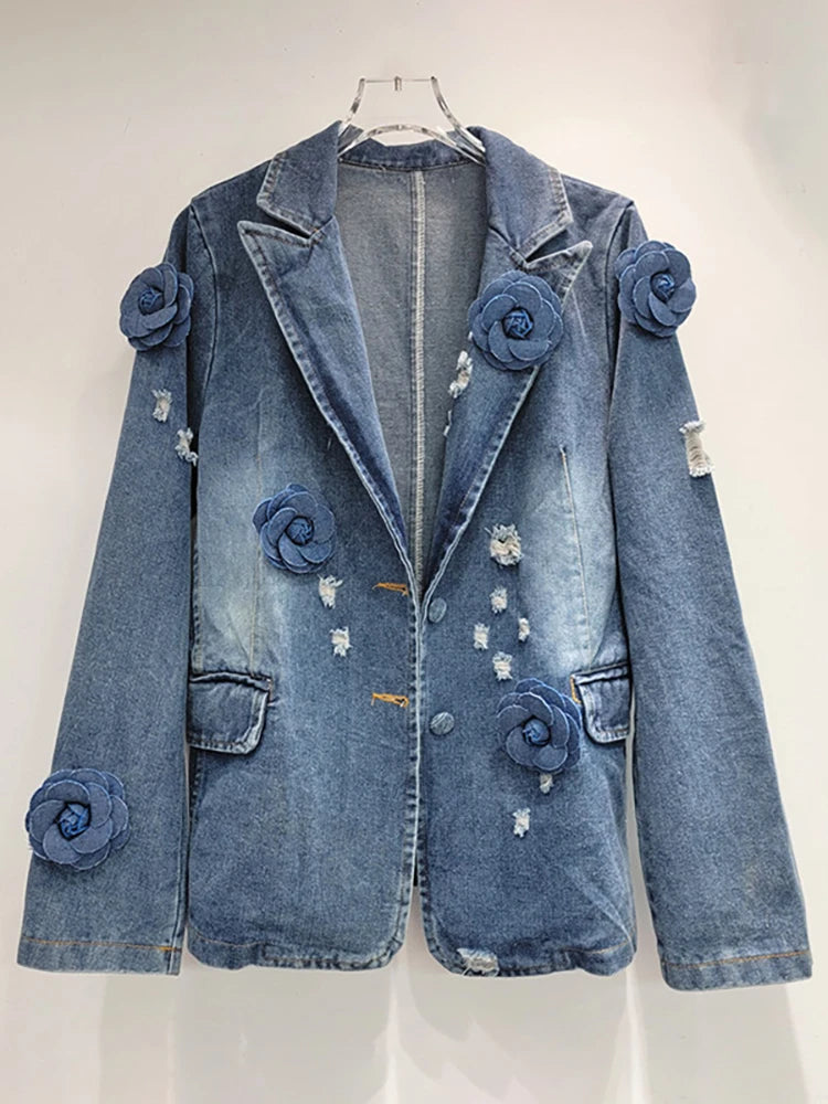 Denim3d Rose Flowers Jacket Print Jacket Jacquard Jacket Patchwork Jacket