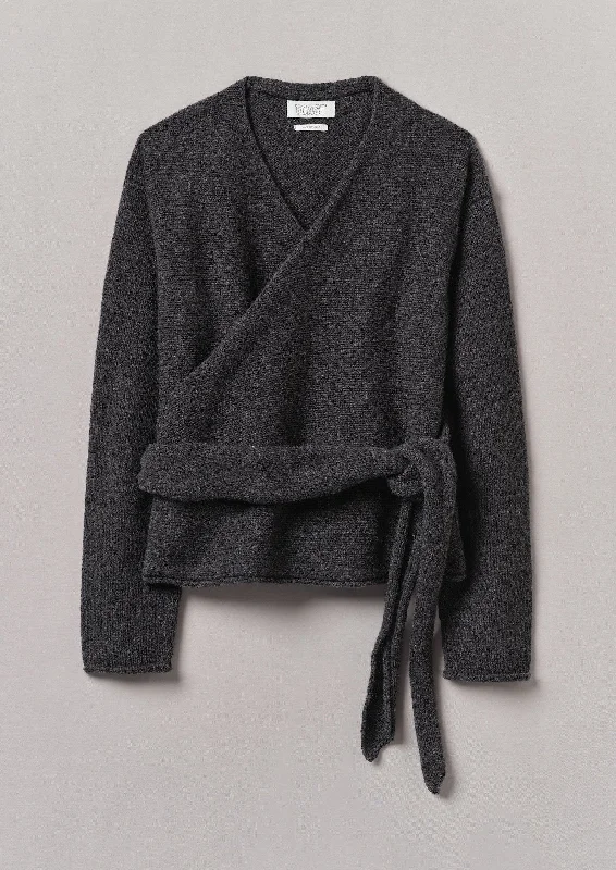 V-Neck Wool Wrap Cardigan | Charcoal Spandex Blend Rayon Blend Denim Blend