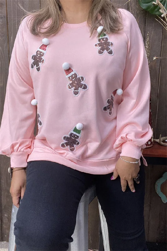 XCH15220 Santa Claus sequin patch in the baby pink solid color long sleeve cardigan design women blouse Seamless Knitted Crochet