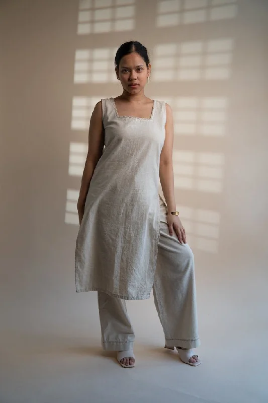 Dawning High Slit Tunic & Straight Pants Set Chic Faux Leather Pants