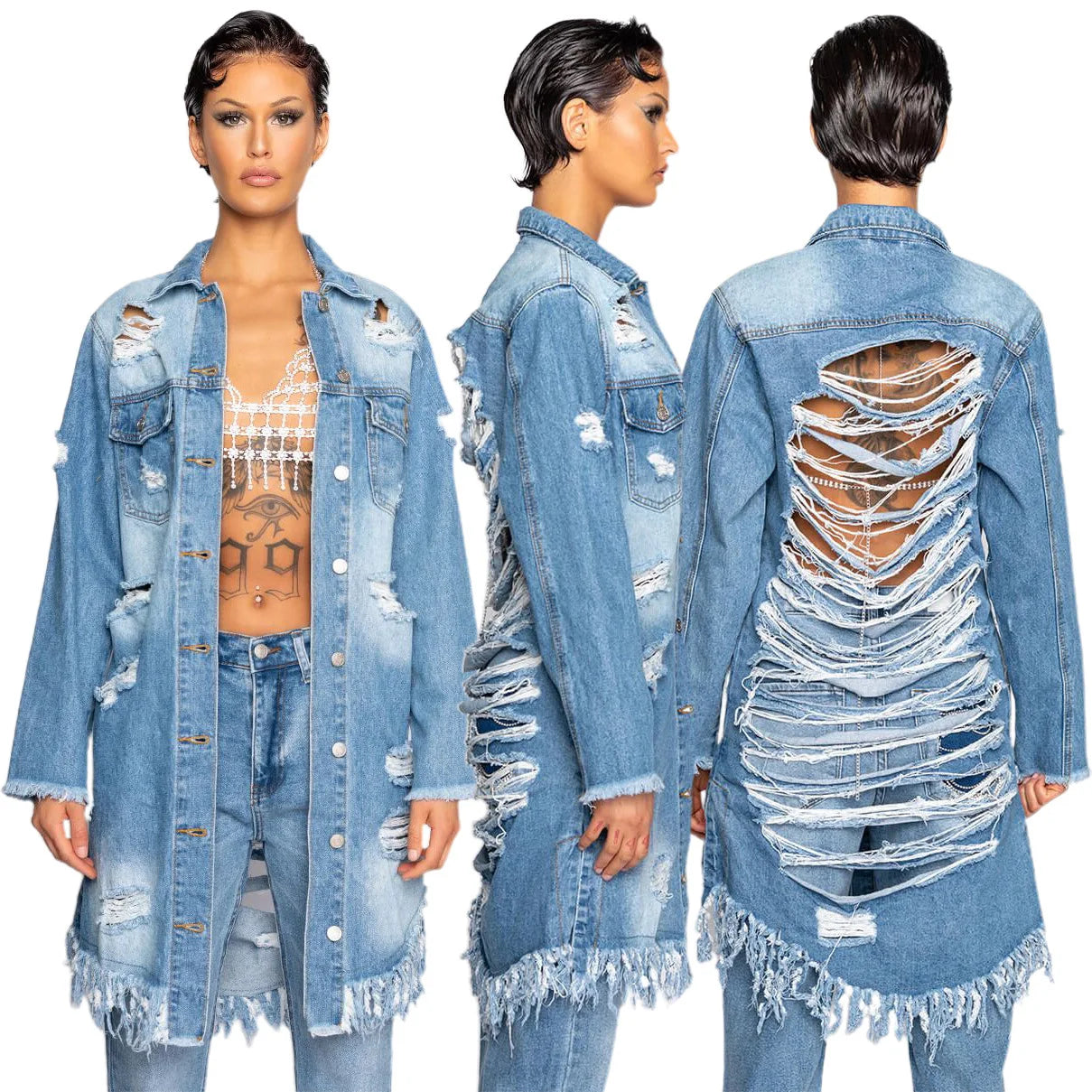 Ripped Cut Out Denim Jacket Denim Fabric Leather Fabric Suede Fabric