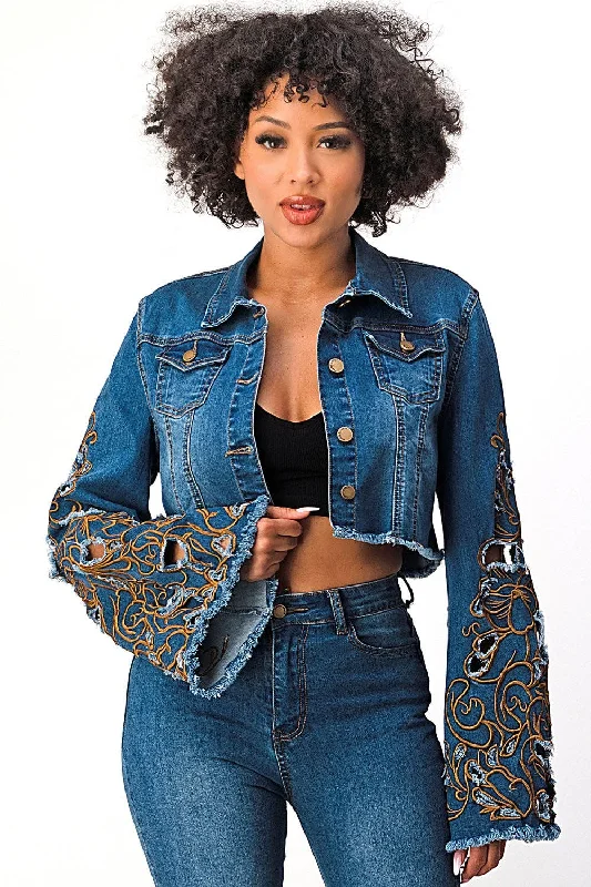 Denim Cropped Jacket Embroidered Bell Sleeve Fleece Fabric Down Fabric Feather Fabric Denim Cropped Jacket Embroidered Bell Sleeve Fleece Fabric Down Fabric Feather Fabric