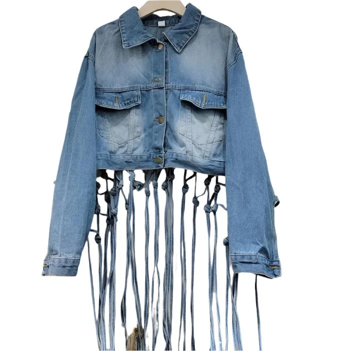 Cut Out Back Tassel Denim Long Sleeve Jacket Oversized Jacket Tailored Jacket Straight Jacket Cut Out Back Tassel Denim Long Sleeve Jacket Oversized Jacket Tailored Jacket Straight Jacket