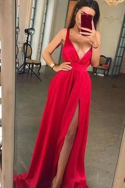 Sexy Chiffon Long Red Prom Dresses Long V Neck Evening Party Dress with Split Slit Tunics Long Elegant Sexy Chiffon Long Red Prom Dresses Long V Neck Evening Party Dress with Split Slit Tunics Long Elegant