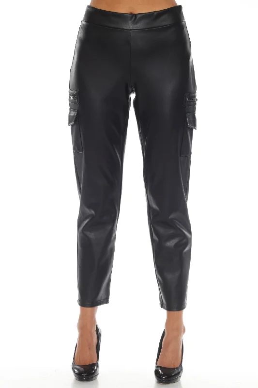Joseph Ribkoff Black Pull-On Faux Leather Cargo Pants 244939 Slim-Fit Khaki Pants
