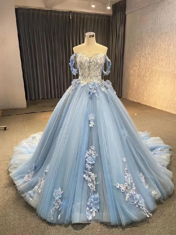 Ball Gown Blue Prom Dresses Lace Tulle Off Shoulder Evening Party Dress Y4561 Glittery Long Formal Ball Gown Blue Prom Dresses Lace Tulle Off Shoulder Evening Party Dress Y4561 Glittery Long Formal