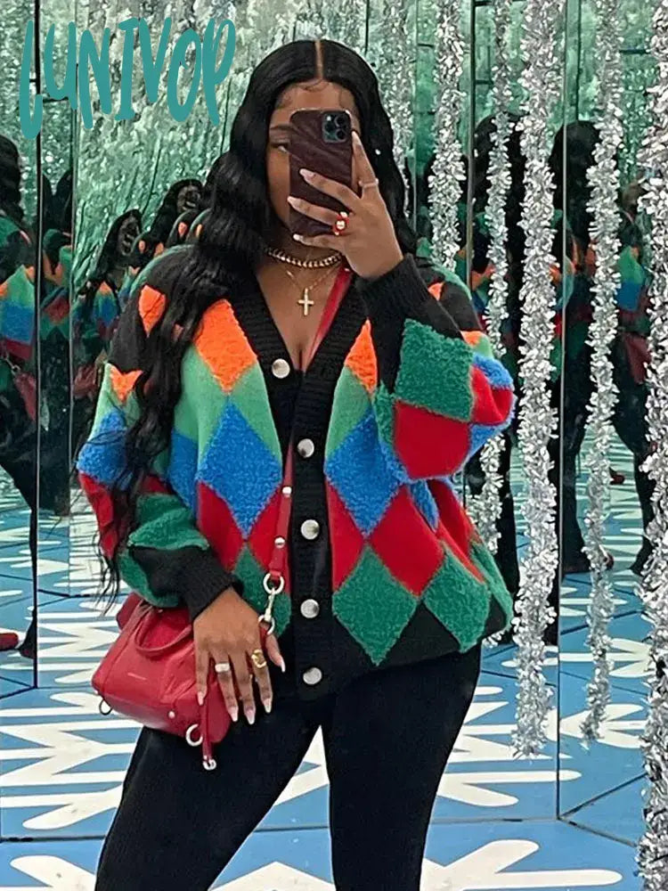 Lunivop Colorful Plaid Patchwork Knit Cardigan For Women Long Sleeve Single Breasted V Neck Female Jumper Thick Party Ladies Coats Toggled Drawstring Belted