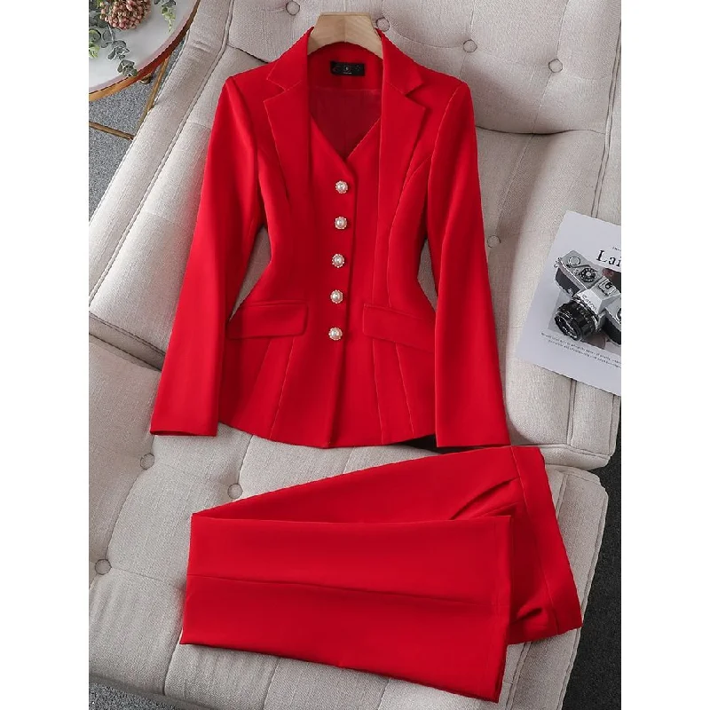 CAROLINE SUITS Women's Elegant Stylish Fashion Office Blazer Jacket & Pants Red Suit Set with Size Chart Guide Herringbone Jacket Houndstooth Jacket Plaid Jacket