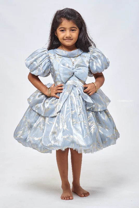 Slate Sophistication: Foil Printed Organza Party Dress with Bow Embellishment for Girls Tunics Leisure comfortable