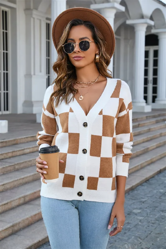 Lake Button-Up Plaid V-Neck Dropped Shoulder Cardigan Ribbed Striped Patterned